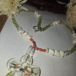Handmade White Shell & Green Bead Necklace with Coral Accents